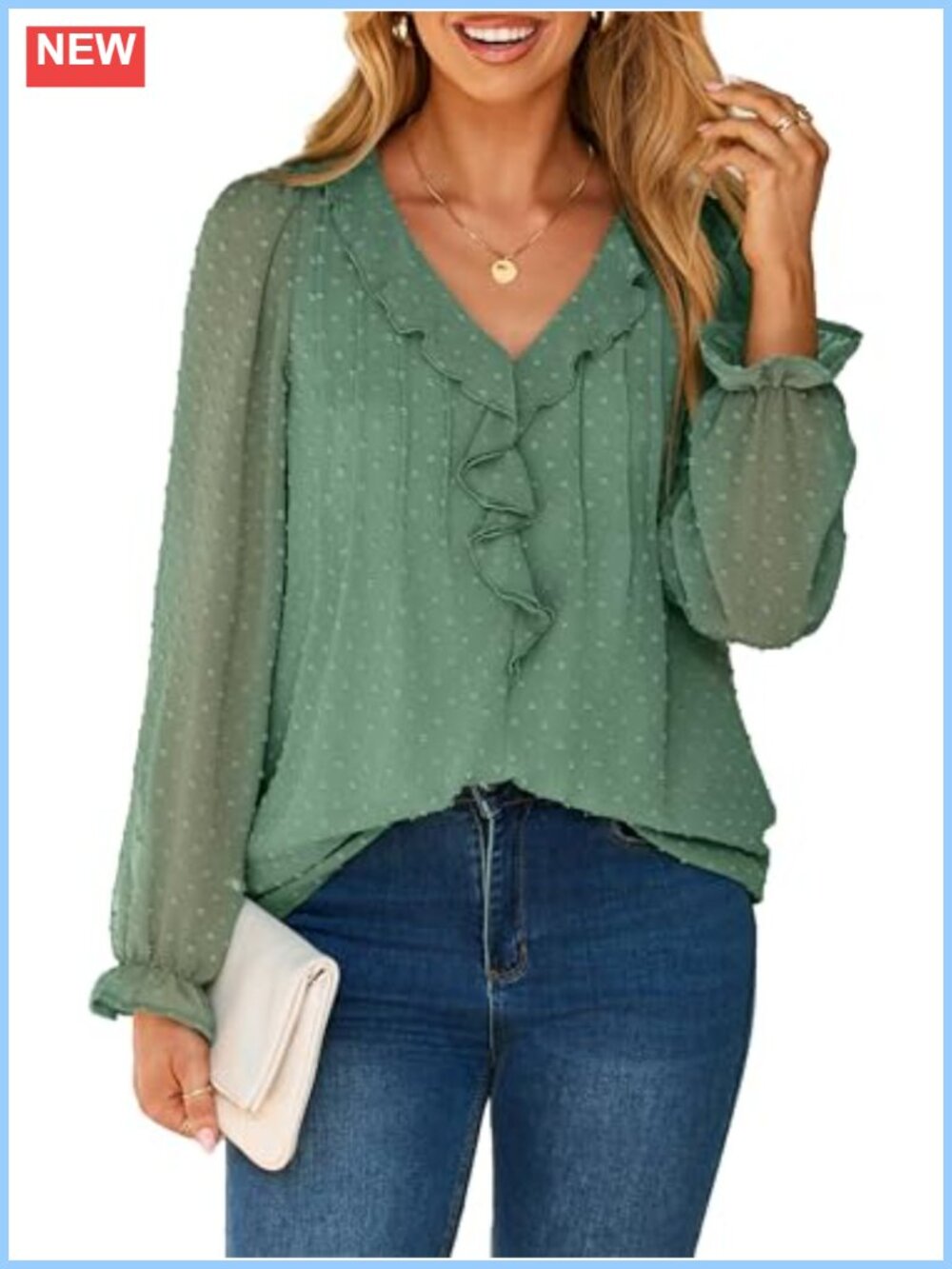 Chiffon Long Sleeve V-Neck Ruffle Business Casual Blouse Work Top